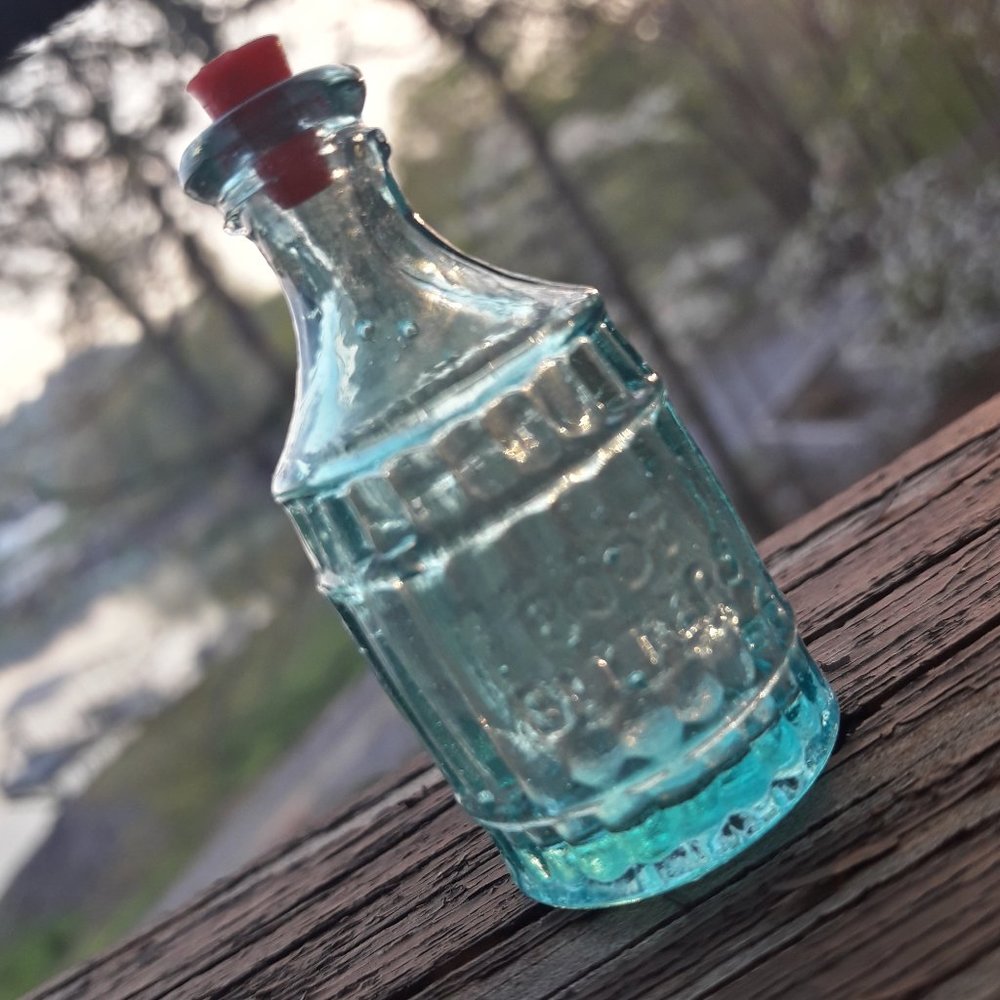Vintage Glass Bottle with Lid Blue Art Glass Mini Dollhouse Wheaton Root Bitters